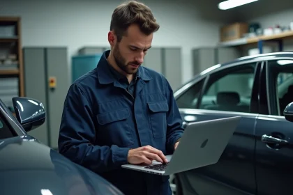 Technicien automobile connectant un câble OBD-II pour une reprogrammation moteur Shiftech dans un garage urbain