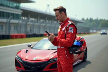 Homme en combinaison de pilotage consultant son téléphone pour réserver un stage pilotage sur circuit automobile