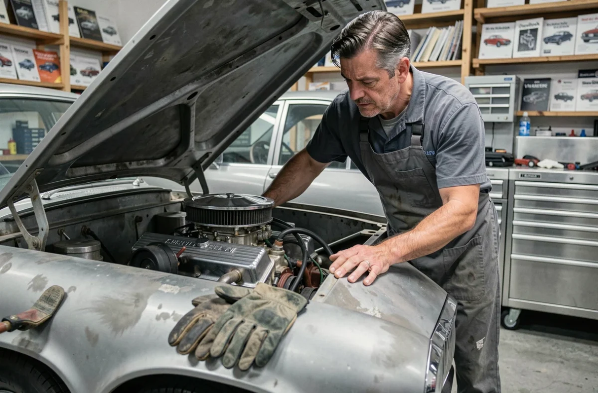 Mécanicien spécialisé inspectant le moteur V8 d'une Facel Vega Excellence en cours de restauration dans un atelier professionnel