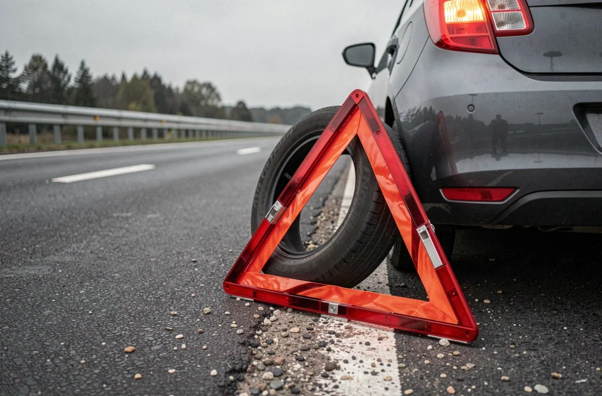 Roue de secours et triangle de signalisation posés sur le bord d'une autoroute lors d'une panne de véhicule