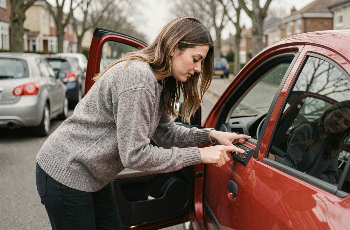 Femme en train de saisir un code sur l'autoradio d'une Renault Clio 4 garée dans une rue