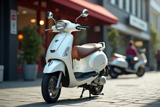 Scooter Honda 125cc blanc garé devant une concession moto en milieu urbain