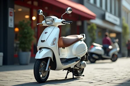 Scooter Honda 125cc blanc garé devant une concession moto en milieu urbain