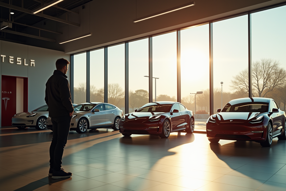 Personne regardant les voitures Tesla dans un showroom lumineux