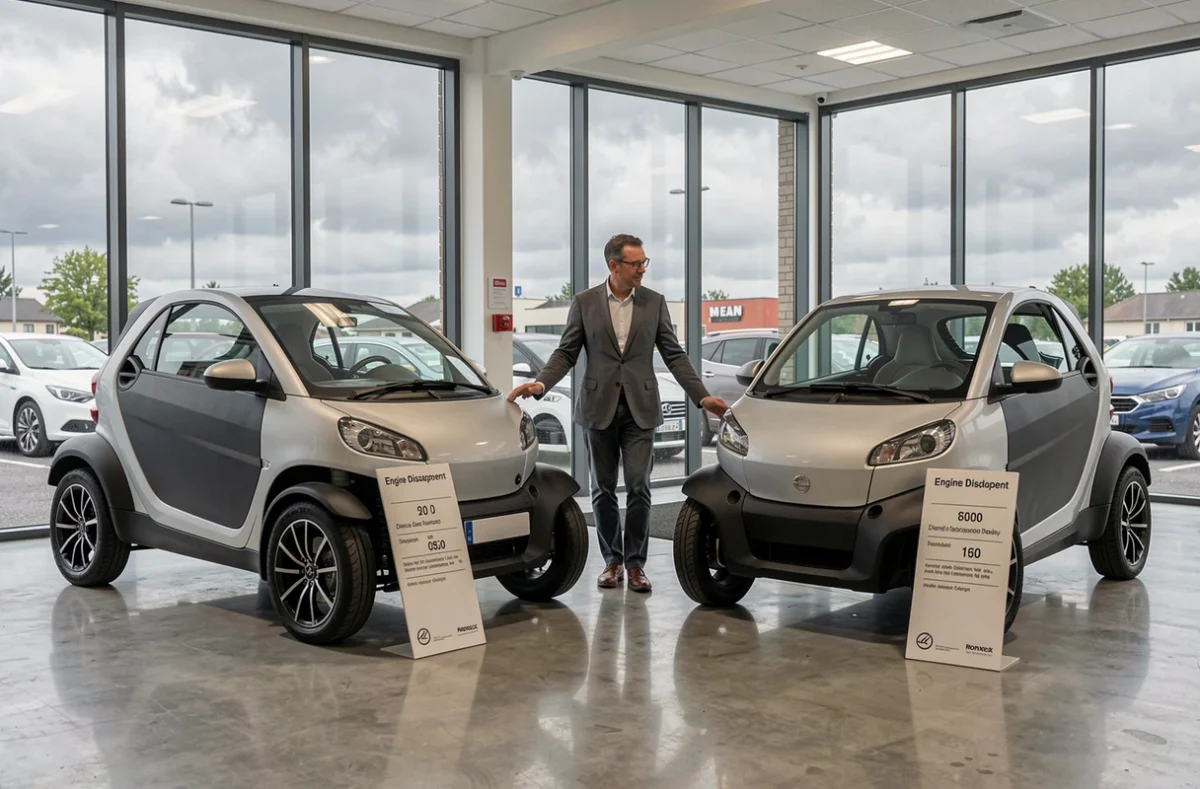 Salle d'exposition de voiturettes sans permis avec fiches techniques de cylindrée