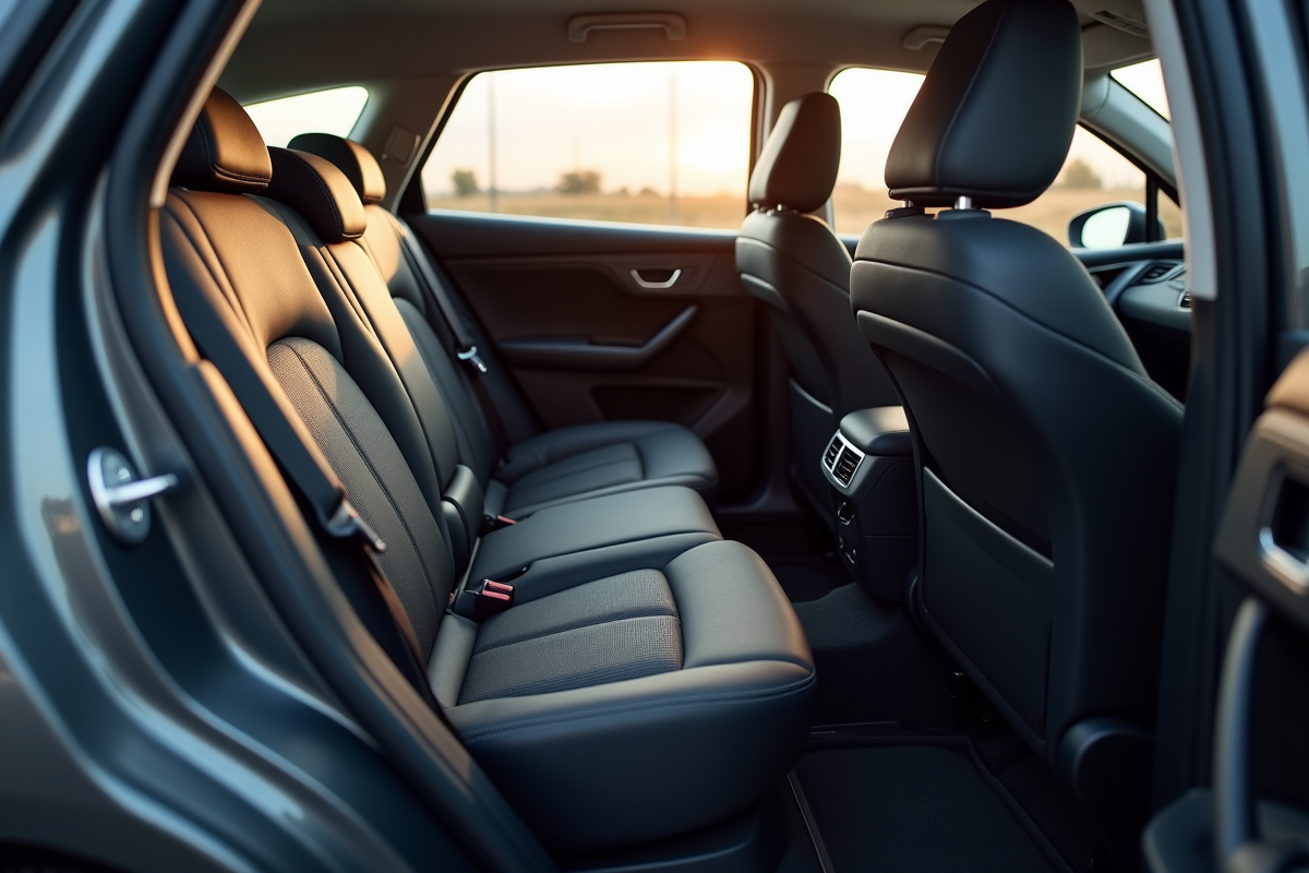 Intérieur arrière de la Peugeot 408 avec porte ouverte et sièges spacieux