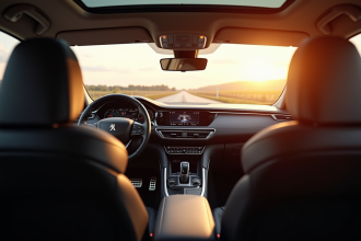 Intérieur avant de la Peugeot 408 vue de l'arrière avec tableau de bord lumineux