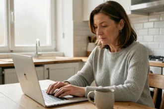 Femme utilisant un simulateur d'assurance auto MACIF sur son ordinateur portable dans une cuisine moderne