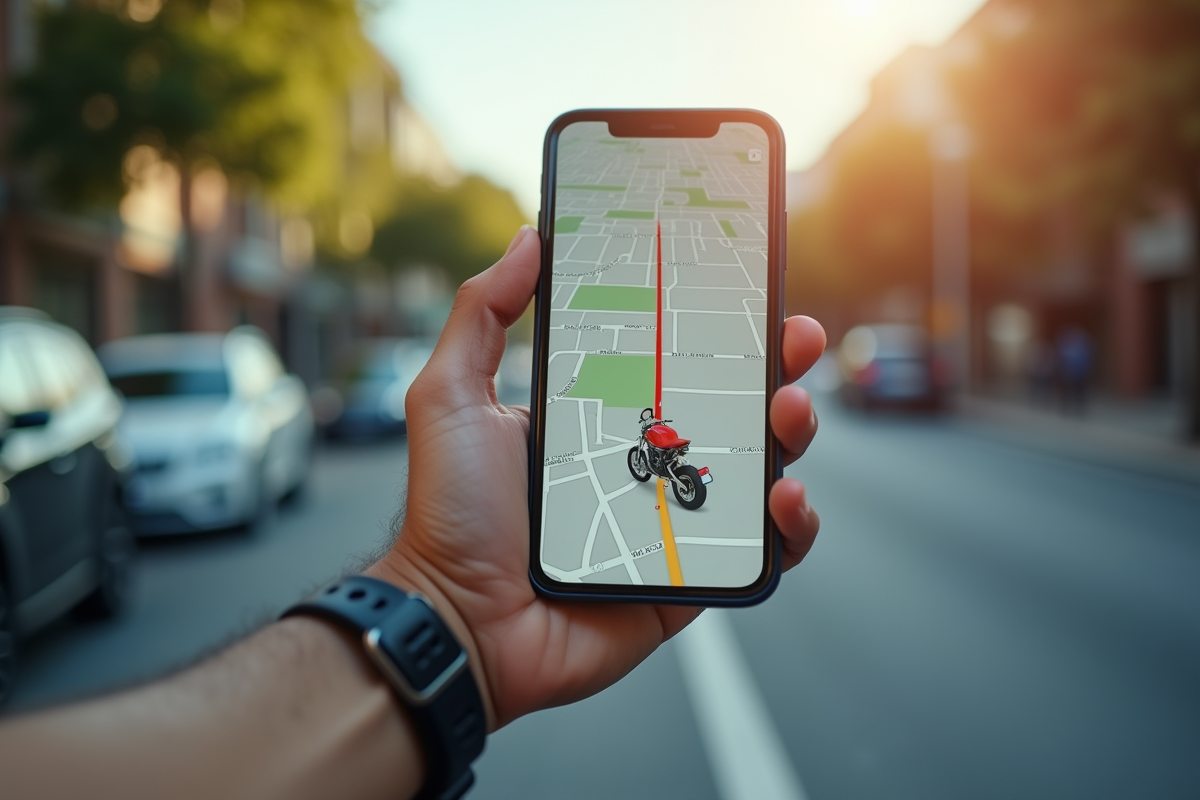 Smartphone affichant une carte pour retrouver une moto disparue