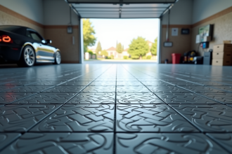 Sol de garage moderne avec dalles géométriques lumineuses