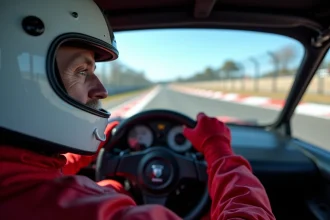 Adulte en combinaison de course rouge au volant d'un bolide sur circuit lors d'un stage de pilotage