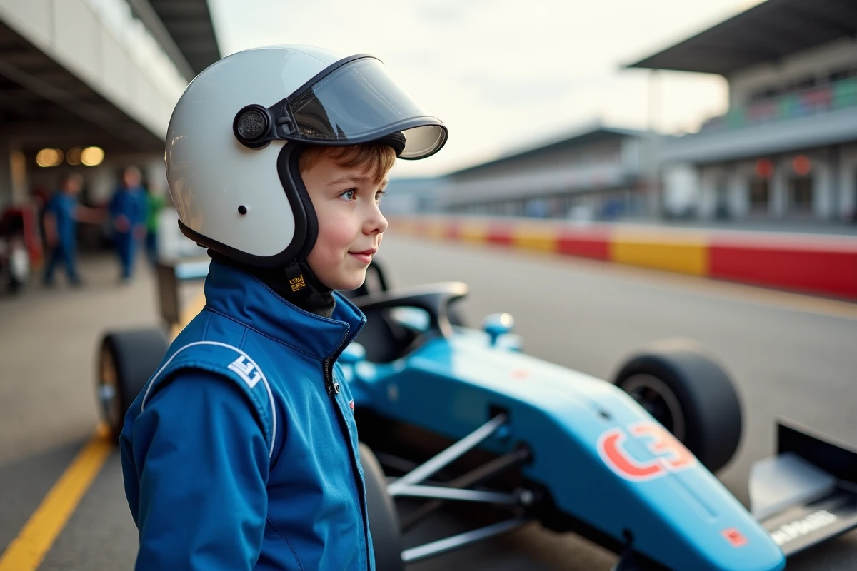 Jeune adolescent en tenue de pilotage devant un kart de circuit lors d'un stage enfant tousenbagnole