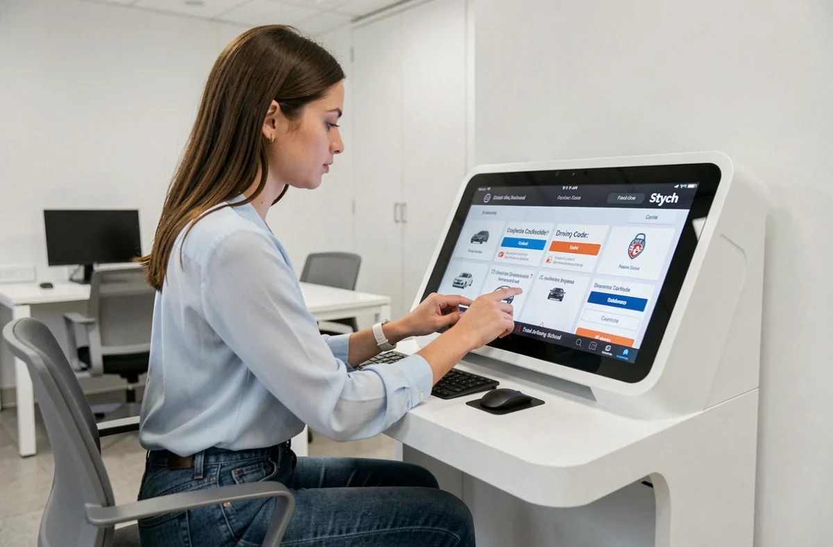 Jeune femme utilisant l'interface numérique de l'auto-école Stych sur tablette dans un espace moderne à Lille