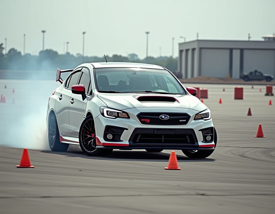 Subaru Impreza STI blanche en drift contrôlé sur aire de drift béton, vue avant trois quarts avec pilote casqué visible