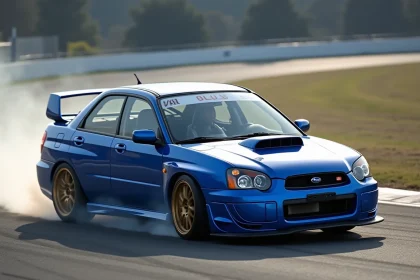 Subaru Impreza WRX bleue en plein virage sur circuit de piste, vue arrière trois quarts depuis le sol avec fumée des pneus