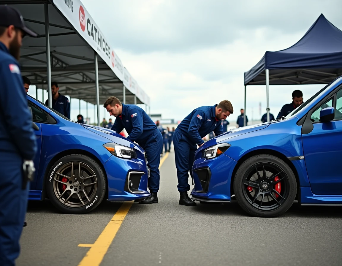 Subaru WRX et STI côte à côte dans un paddock de circuit, mécaniciens inspectant les pneus lors d'une pause entre les sessions