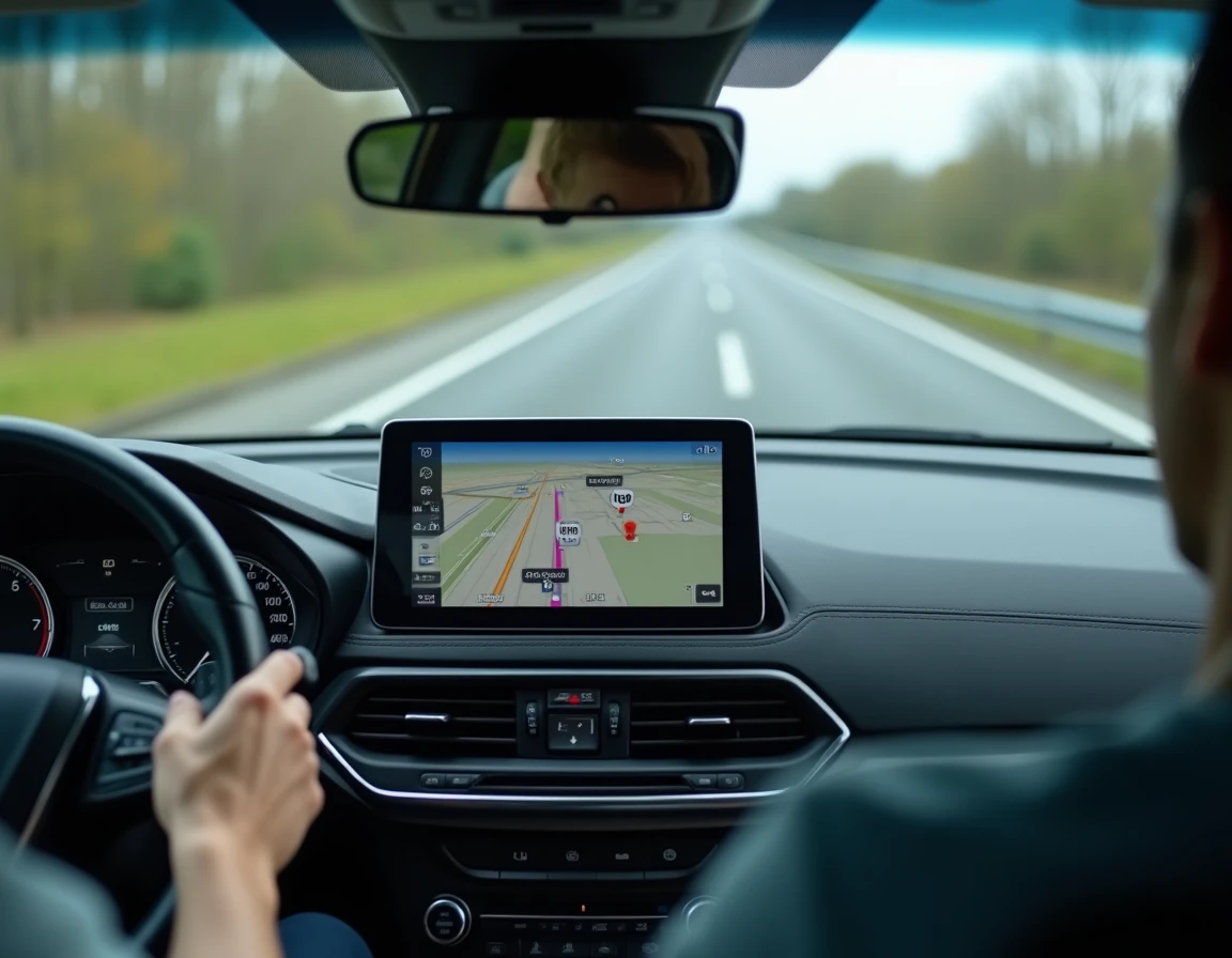 Vue plongeante sur le tableau de bord d'une voiture avec écran GPS affichant les radars sur autoroute