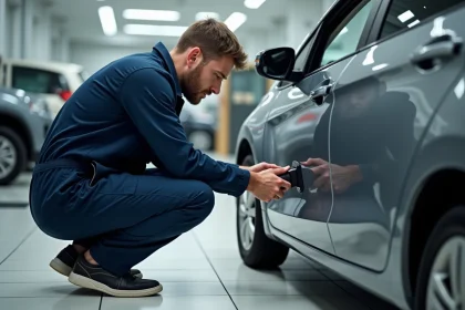 Technicien automobile connectant un équipement au port OBD d'une voiture
