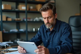 Technicien consultant une documentation mal organisée sur tablette dans un atelier industriel encombré