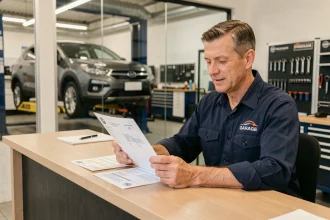 Technicien automobile en garage aidant un client à réaliser une carte grise sur son bureau administratif