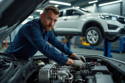 Technicien automobile inspectant un moteur TCe turbocompressé dans un atelier mécanique moderne