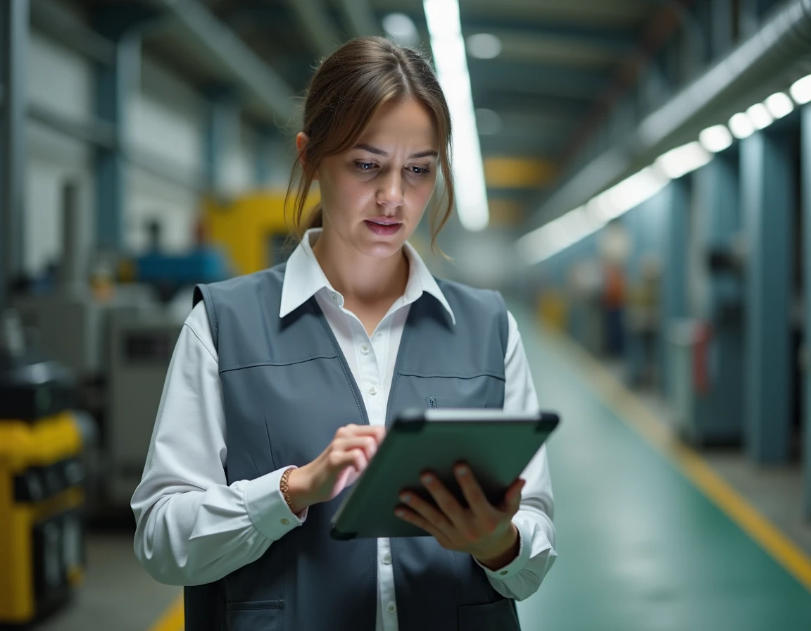 Technicienne en atelier consultant un document numérique mal structuré sur tablette rugueuse dans un couloir industriel