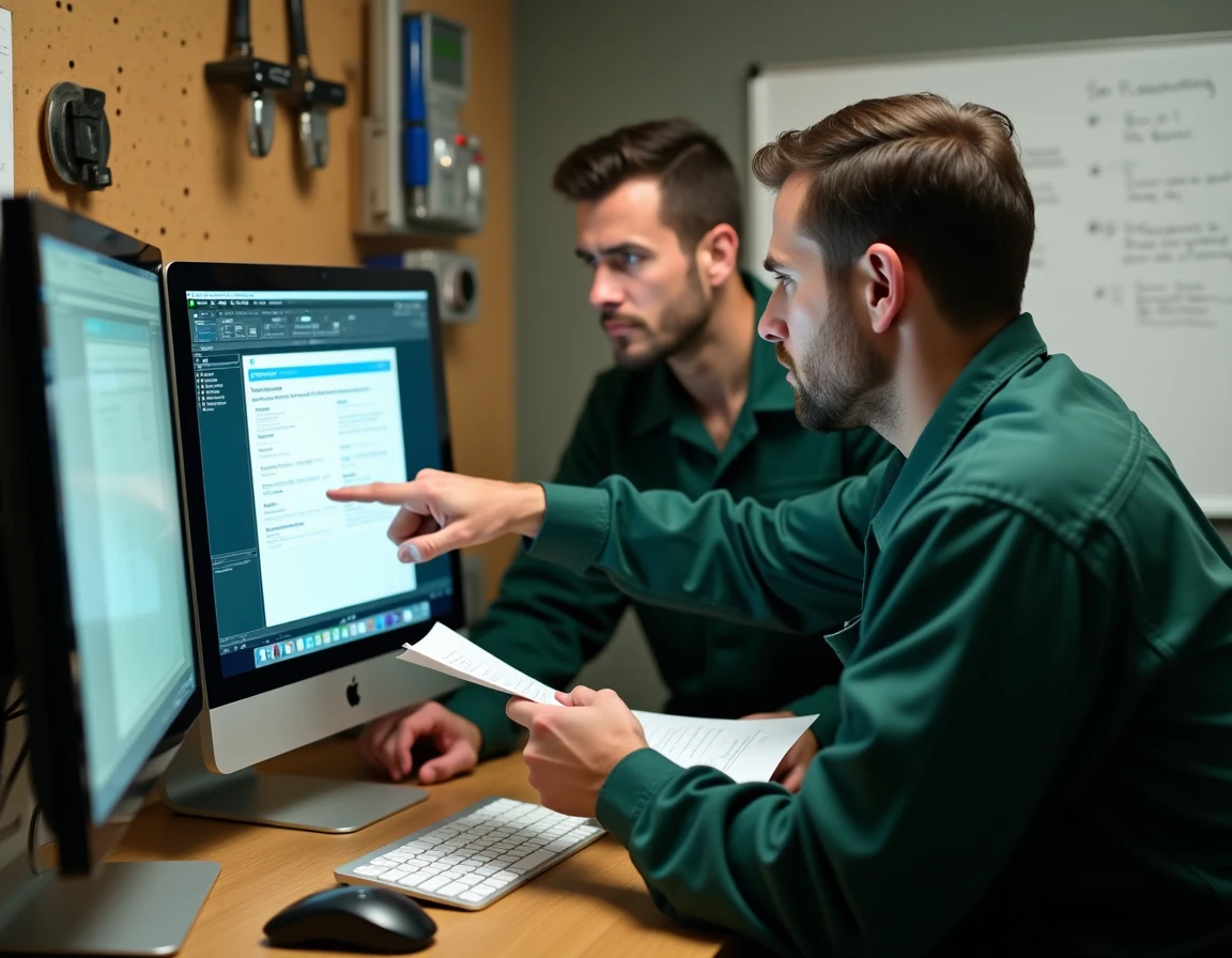 Deux techniciens analysant une erreur logicielle sur ordinateur dans un bureau de maintenance rempli d'outils