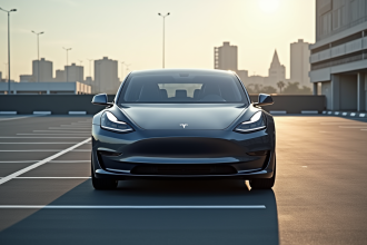 Tesla dans un parking urbain vide en journée avec reflet