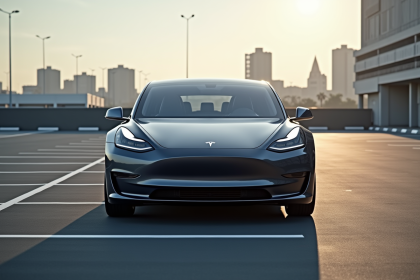 Tesla dans un parking urbain vide en journée avec reflet