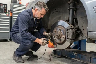 Technicien automobile testant un capteur ABS avec un multimètre numérique près d'un moyeu de roue sur une voiture levée