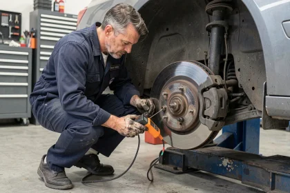 Technicien automobile testant un capteur ABS avec un multimètre numérique près d'un moyeu de roue sur une voiture levée