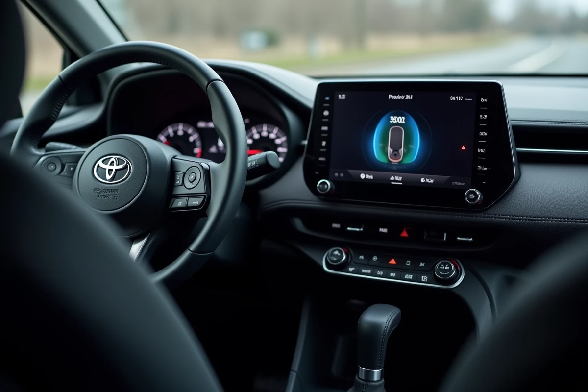 Intérieur du Toyota C-HR 2026 montrant l'écran d'infodivertissement avec l'autonomie de la batterie électrique affichée