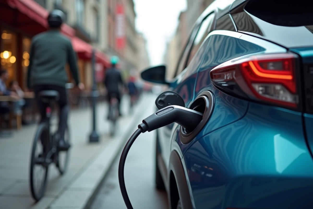 Toyota C-HR 2026 en charge sur une borne de recharge urbaine publique, illustrant l'usage électrique en ville au quotidien