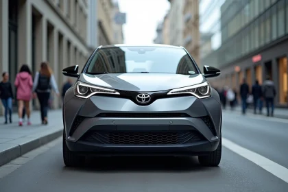 Toyota C-HR 2026 garé en ville, vue 3/4 avant mettant en valeur le design coupé SUV et les lignes dynamiques de la carrosserie