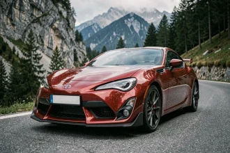 Toyota GR86 2026 rouge garée sur une route de montagne en lacets, vue trois quarts avant en plongée basse