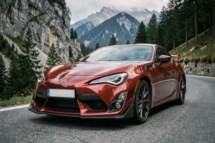 Toyota GR86 2026 rouge garée sur une route de montagne en lacets, vue trois quarts avant en plongée basse