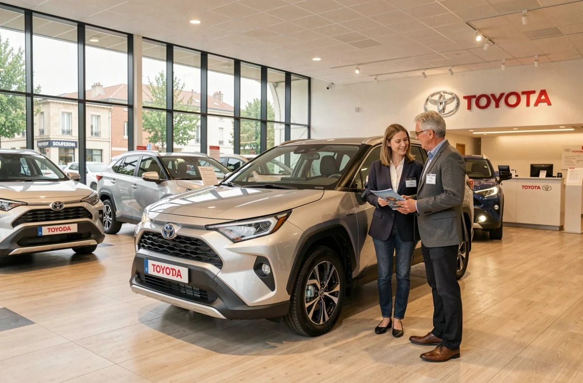 Intérieur du showroom Toyota Sogida concessionnaire à Bordeaux avec modèles hybrides exposés et conseillère recevant des clients