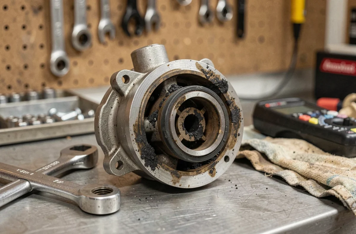 Vanne EGR diesel démontée avec dépôts de carbone sur établi de garage