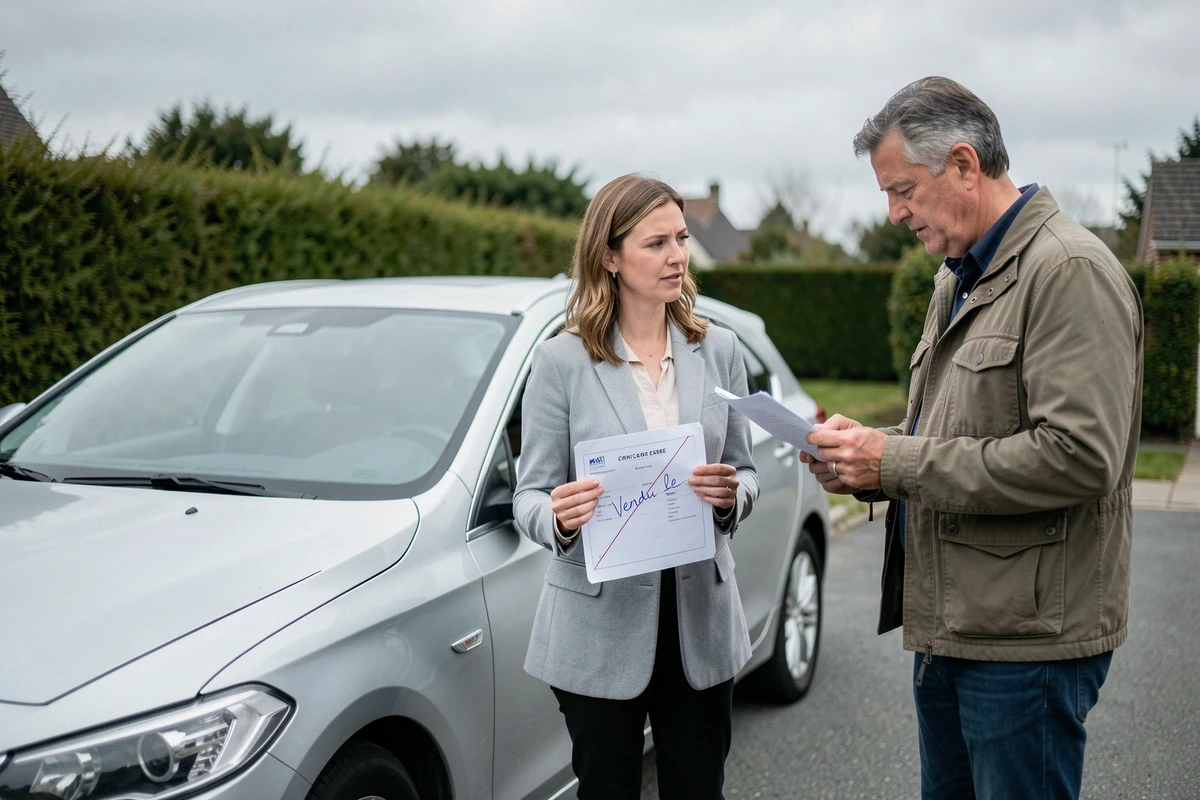 Femme présentant une carte grise barrée lors de la vente d'une voiture dans une allée résidentielle