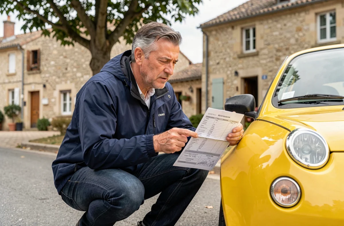 Homme consultant la carte grise d'une voiture sans permis pour vérifier la cylindrée
