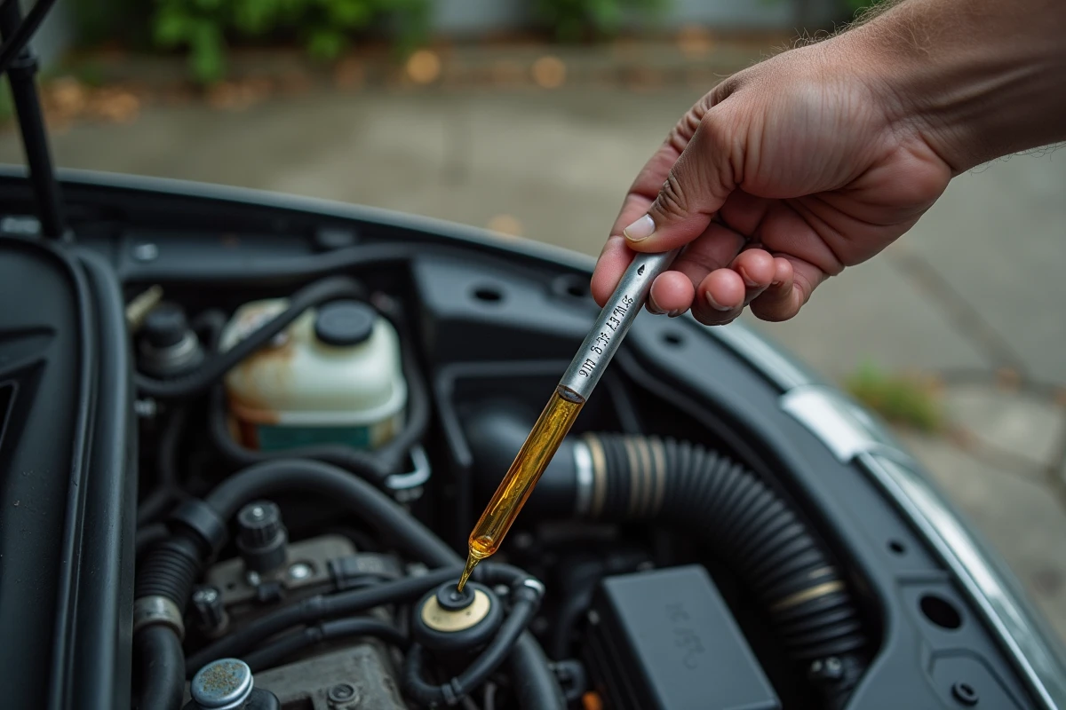 Vérification du niveau d'huile moteur avec une jauge dans un compartiment moteur de voiture pour préserver le moteur