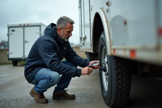Homme vérifiant la pression d'un pneu de remorque avec un manomètre numérique sur une aire de service en gravier