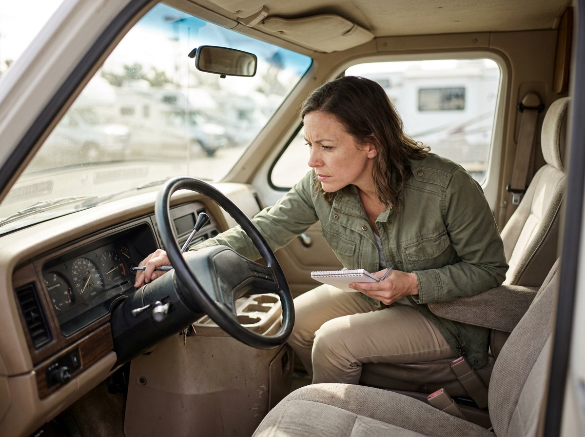Femme examinant le tableau de bord et le kilométrage d'un camping-car d'occasion lors d'une recherche de bonne affaire en déstockage