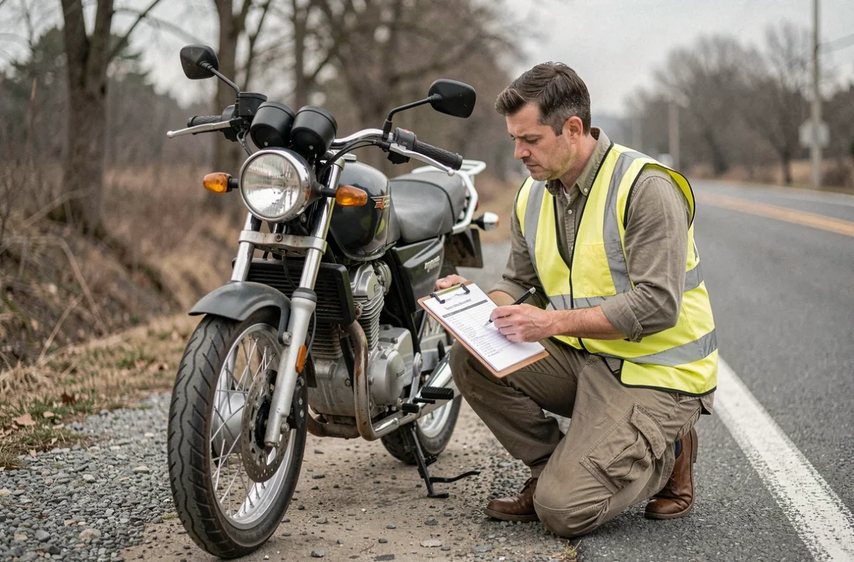 Vérification technique d'une moto en bord de route pour garanties d'assurance