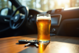 Verre de bière à moitié plein avec clés de voiture sur une table en bois