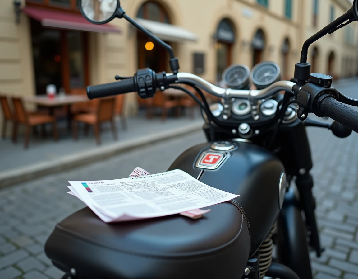 Vignette de contrôle technique collée sur une moto garée dans une rue française avec document d'immatriculation