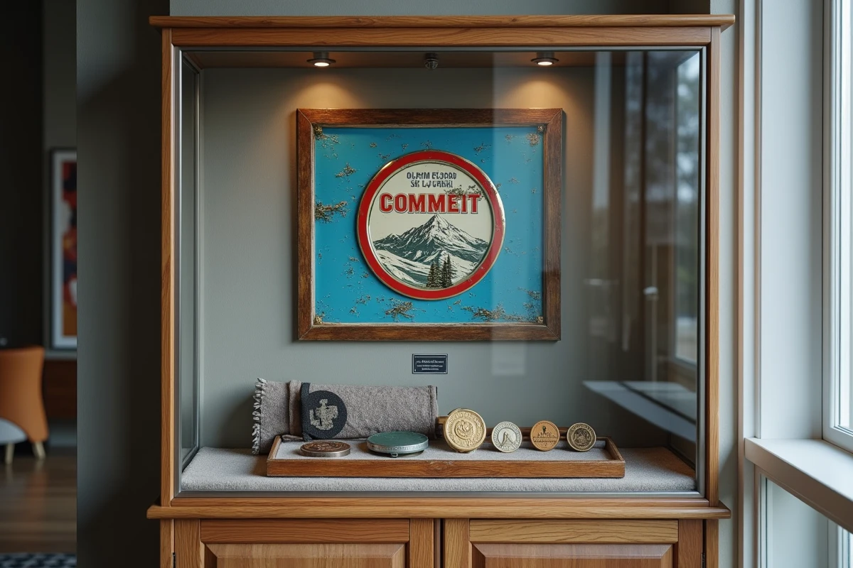 Vitrine de collection présentant plaques émaillées, médaillons et fanion alpins dans un appartement de collectionneur