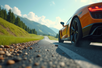 Voiture en montée sur une route verte ensoleillée