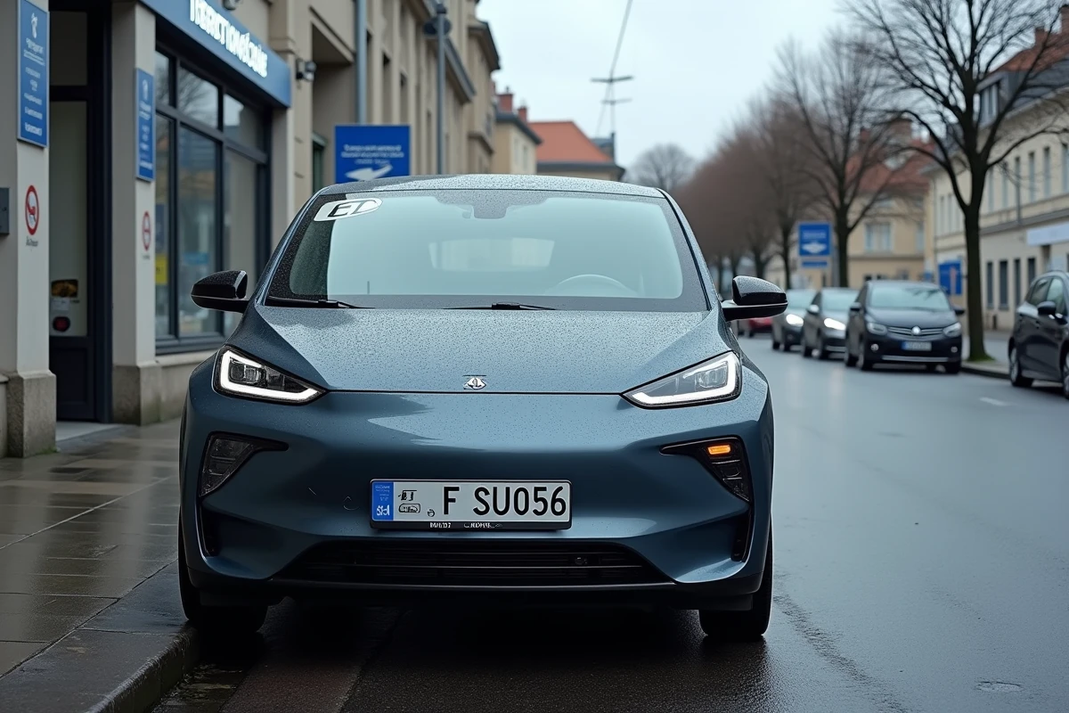 Voiture électrique garée devant un centre de contrôle technique français avec vignette CT visible sur le pare-brise