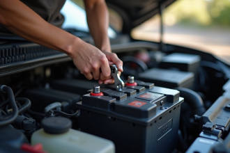 Vérification de la batterie d'une voiture en plein jour